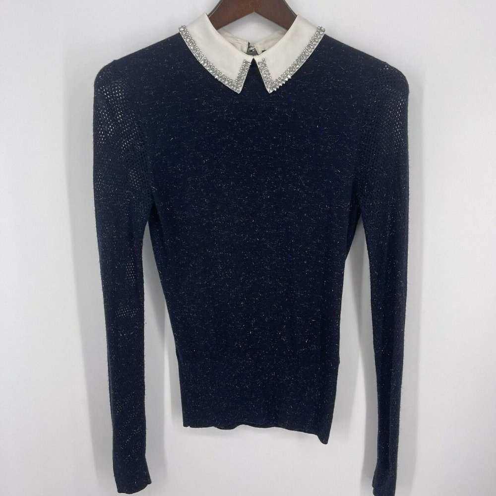 Ted Baker London Helin Sweater Sz 1 XS Blue Sparkle Embellished Collar READ